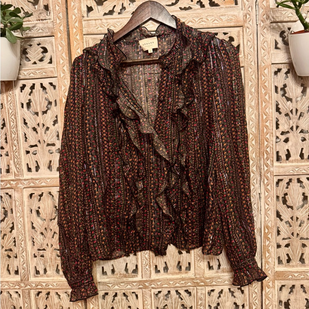 Sezane Black and Red Ruffle Blouse